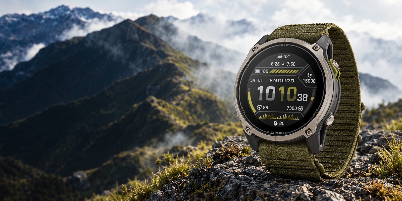 Garmin Enduro 4 med olivgrönt tygarmband i bergsmiljö.